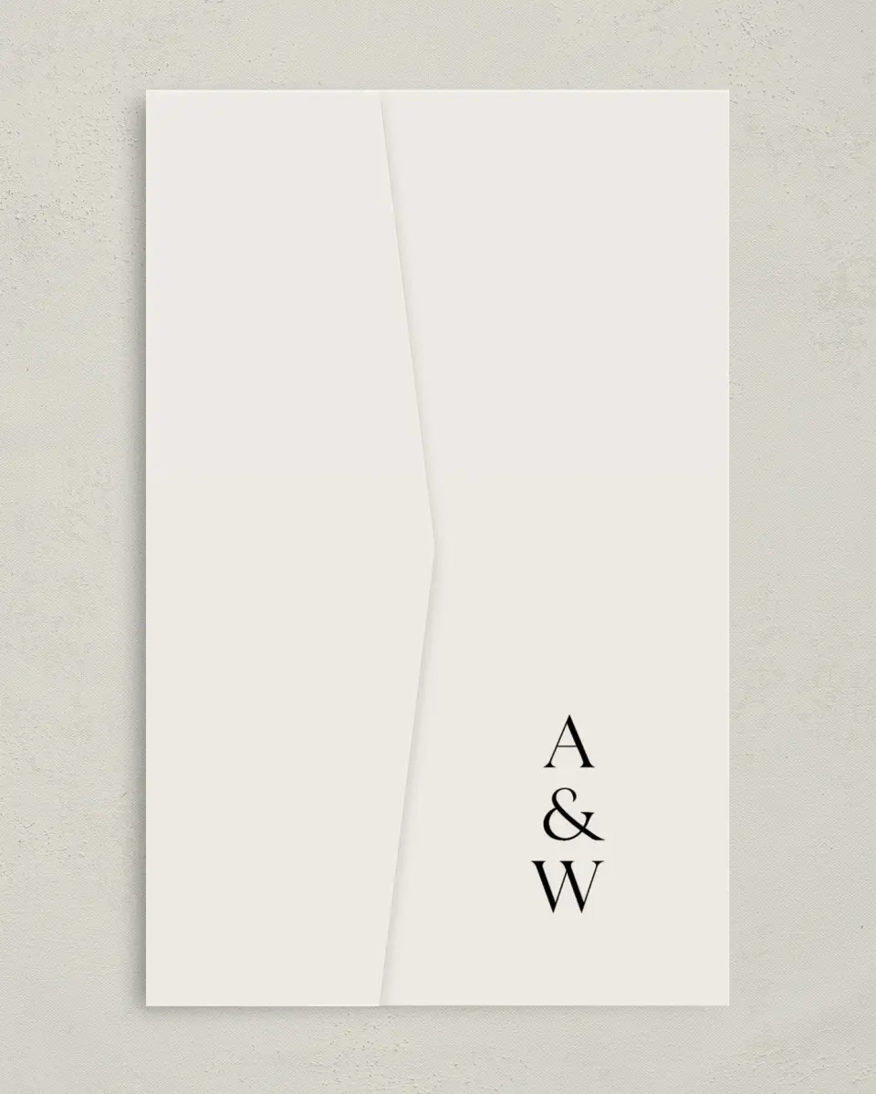 This is a 5" x 7⅞" Pocket Wedding Invitation called Noble Names printed in full color on Premium Smooth paper