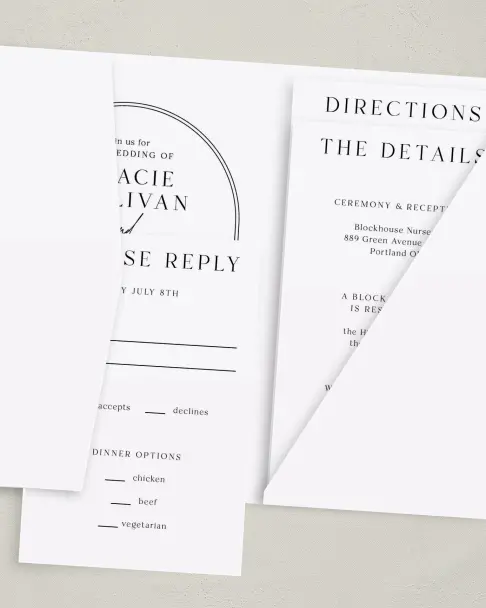 This is a 5" x 7⅞" Pocket Wedding Invitation called Dramatic Date printed in full color on Premium Smooth paper