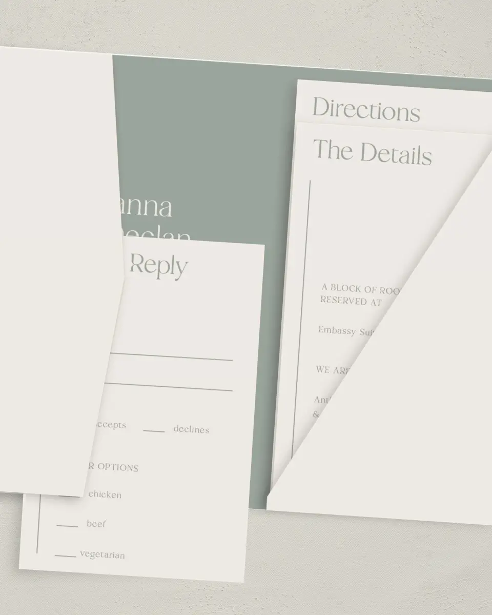 This is a 5" x 7⅞" Pocket Wedding Invitation called Elegant Lines printed in full color with Gold foil on Luxe Satin (coated) paper