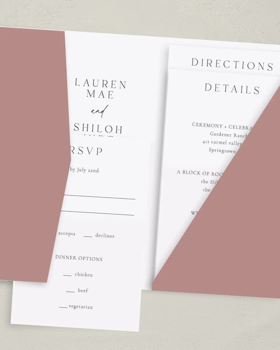 This is a 5" x 7⅞" Pocket Wedding Invitation called Cute + Charming printed in full color with Gold foil on Luxe Satin (coated) paper