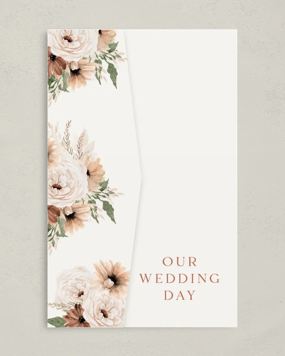 This is a 5" x 7⅞" Pocket Wedding Invitation called Autumn Blooms printed in full color on Premium Smooth paper