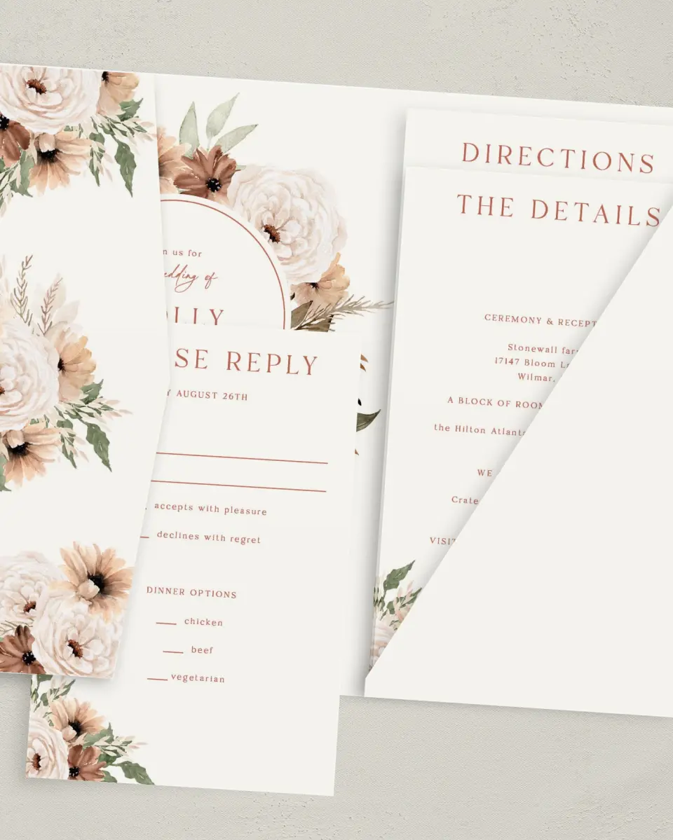 This is a 5" x 7⅞" Pocket Wedding Invitation called Autumn Blooms printed in full color with Gold foil on Luxe Satin (coated) paper