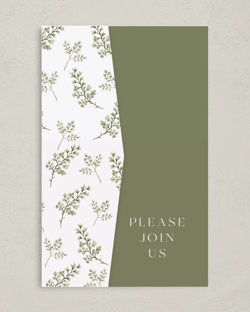 This is a 5" x 7⅞" Pocket Wedding Invitation called Leaves of Love printed in full color on Premium Smooth paper