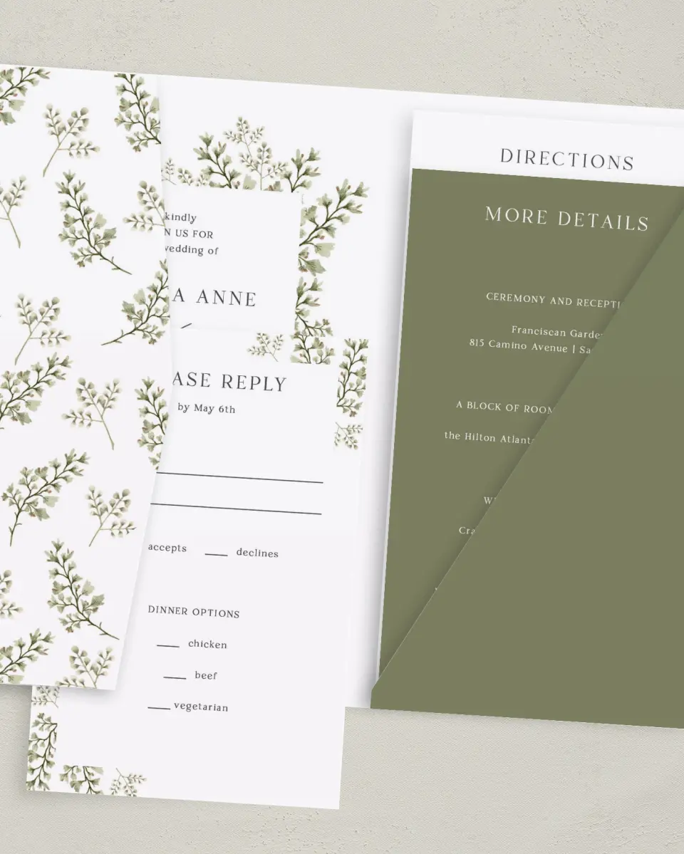 This is a 5" x 7⅞" Pocket Wedding Invitation called Leaves of Love printed in full color with Gold foil on Luxe Satin (coated) paper
