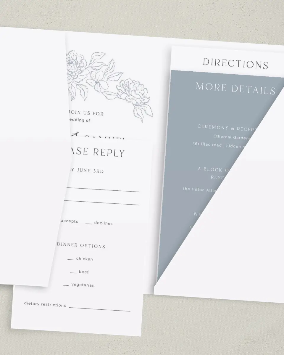 This is a 5" x 7⅞" Pocket Wedding Invitation called Graceful Petals printed in full color with Gold foil on Luxe Satin (coated) paper