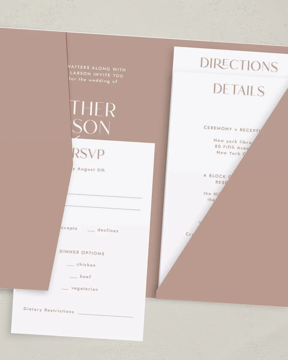 This is a 5" x 7⅞" Pocket Wedding Invitation called Neat Names printed in full color with Gold foil on Luxe Satin (coated) paper