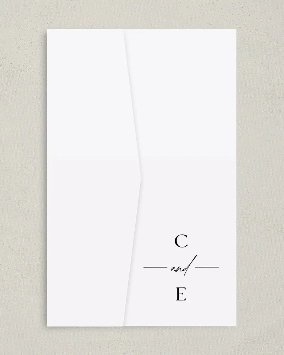 This is a 5" x 7⅞" Pocket Wedding Invitation called Devoted Delight printed in full color on Premium Smooth paper