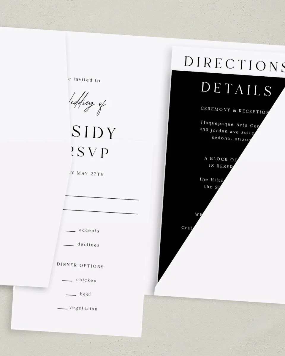 This is a 5" x 7⅞" Pocket Wedding Invitation called Devoted Delight printed in full color with Gold foil on Luxe Satin (coated) paper