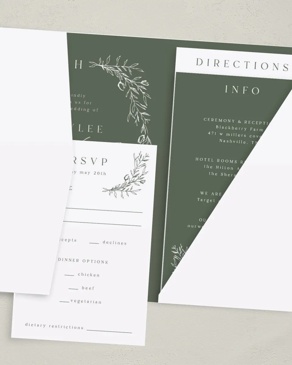 This is a 5" x 7⅞" Pocket Wedding Invitation called Flourishing Frame printed in full color with Gold foil on Luxe Satin (coated) paper
