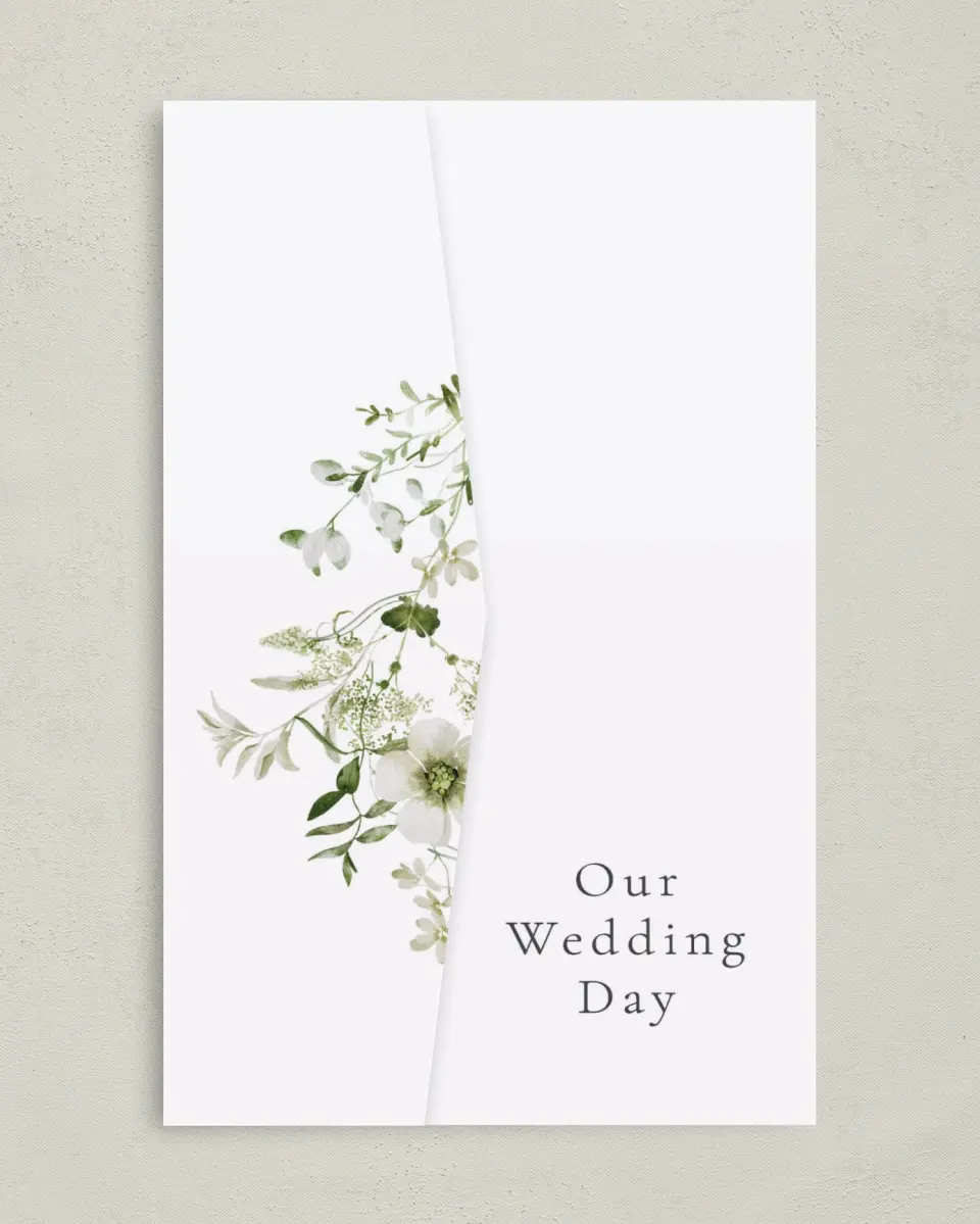 This is a 5" x 7⅞" Pocket Wedding Invitation called Graceful Greenery printed in full color on Premium Smooth paper