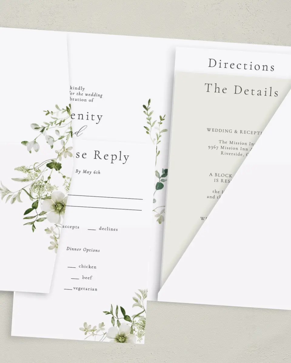 This is a 5" x 7⅞" Pocket Wedding Invitation called Graceful Greenery printed in full color with Gold foil on Luxe Satin (coated) paper