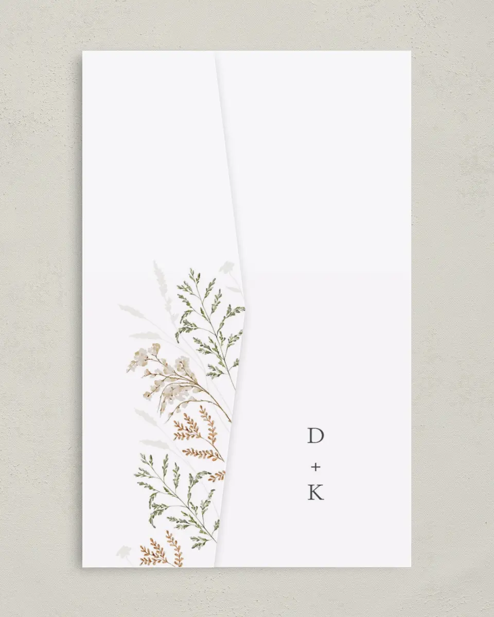 This is a 5" x 7⅞" Pocket Wedding Invitation called Wild Devotion printed in full color on Premium Smooth paper