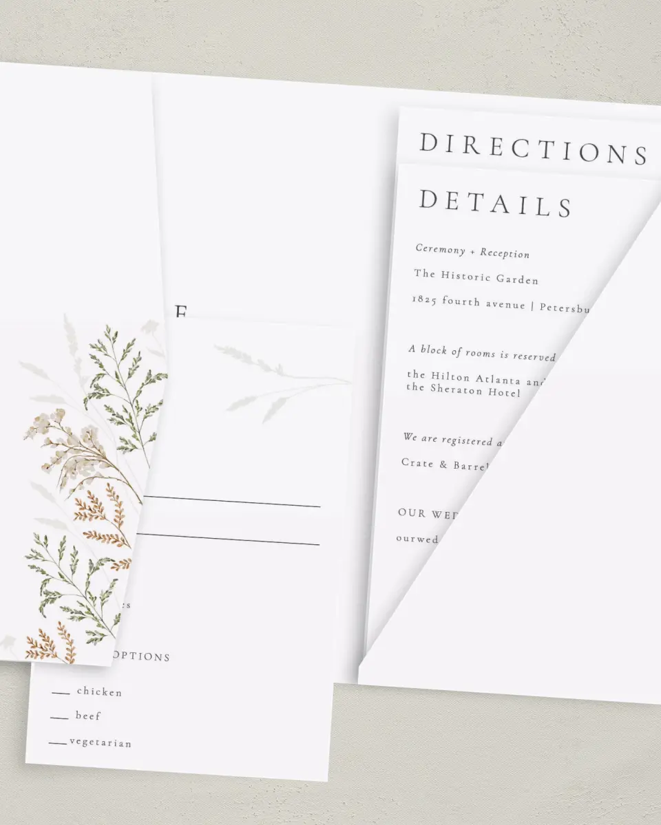 This is a 5" x 7⅞" Pocket Wedding Invitation called Wild Devotion printed in full color with Gold foil on Luxe Satin (coated) paper