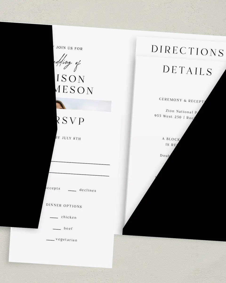 This is a 5" x 7⅞" Pocket Wedding Invitation called Simple Signature printed in full color on Premium Smooth paper