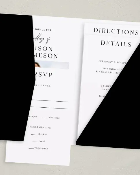 This is a 5" x 7⅞" Pocket Wedding Invitation called Simple Signature printed in full color on Premium Smooth paper