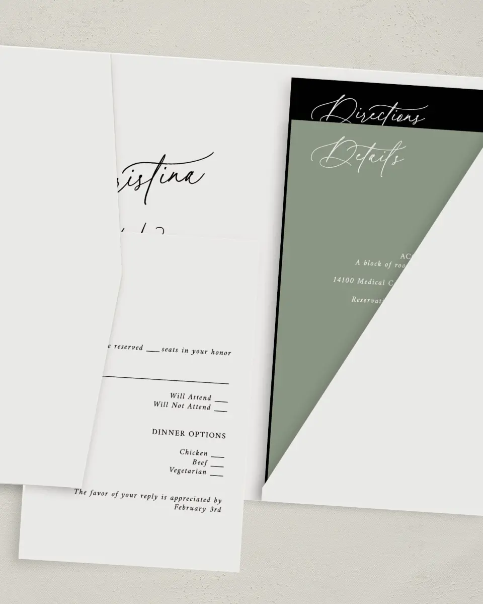 This is a 5" x 7⅞" Pocket Wedding Invitation called The Christina printed in full color with Gold foil on Luxe Satin (coated) paper