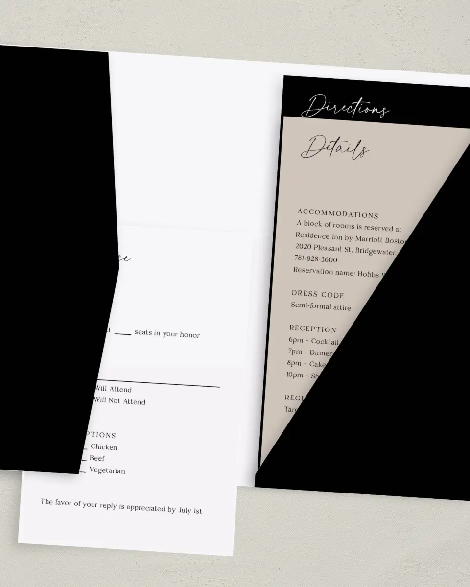This is a 5" x 7⅞" Pocket Wedding Invitation called The Lauren printed in full color with Gold foil on Luxe Satin (coated) paper