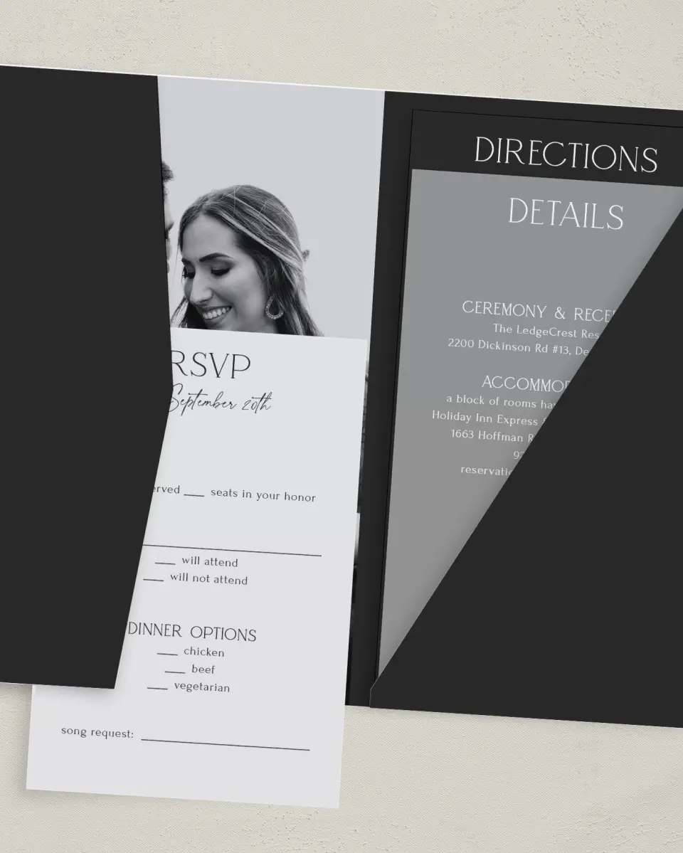 This is a 5" x 7⅞" Pocket Wedding Invitation called The Caroline printed in full color with Gold foil on Luxe Satin (coated) paper