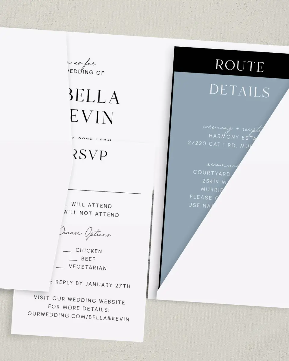 This is a 5" x 7⅞" Pocket Wedding Invitation called The Isabella printed in full color with Gold foil on Luxe Satin (coated) paper