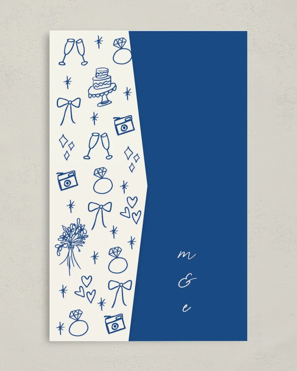 This is a 5" x 7⅞" Pocket Wedding Invitation called Drawn To You printed in full color on Premium Smooth paper