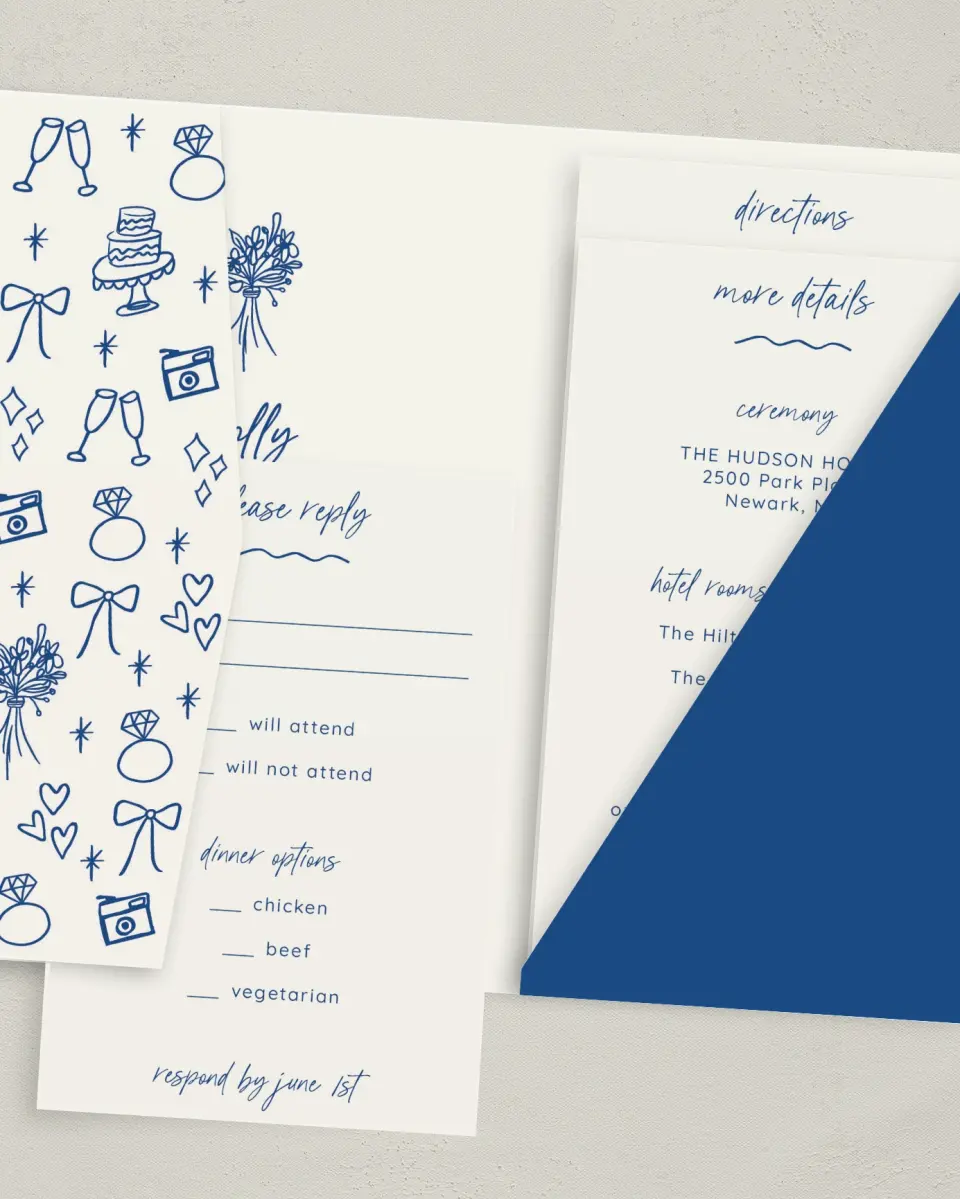 This is a 5" x 7⅞" Pocket Wedding Invitation called Drawn To You printed in full color with Gold foil on Luxe Satin (coated) paper