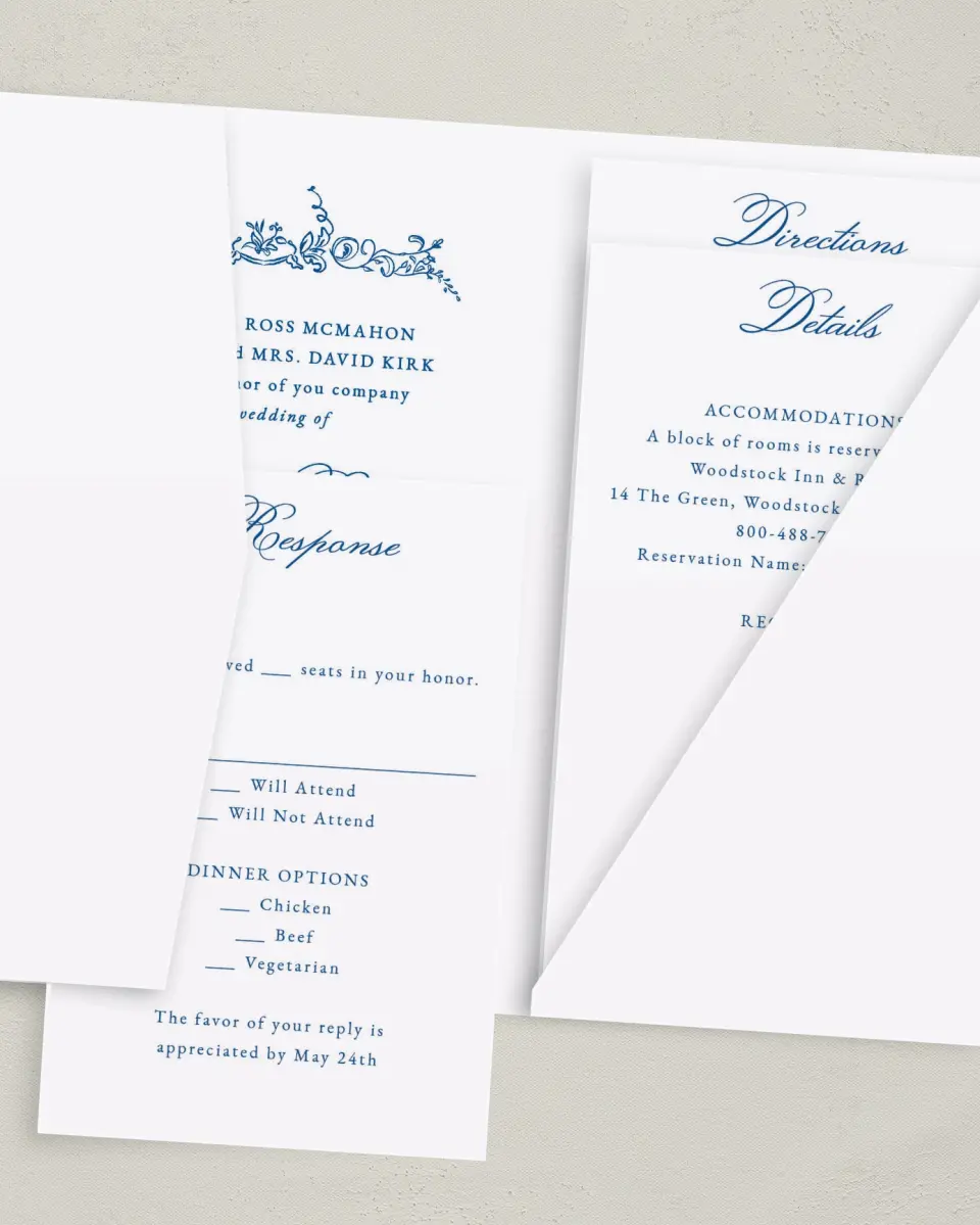 This is a 5" x 7⅞" Pocket Wedding Invitation called Ornamental Elegance printed in full color with Gold foil on Luxe Satin (coated) paper
