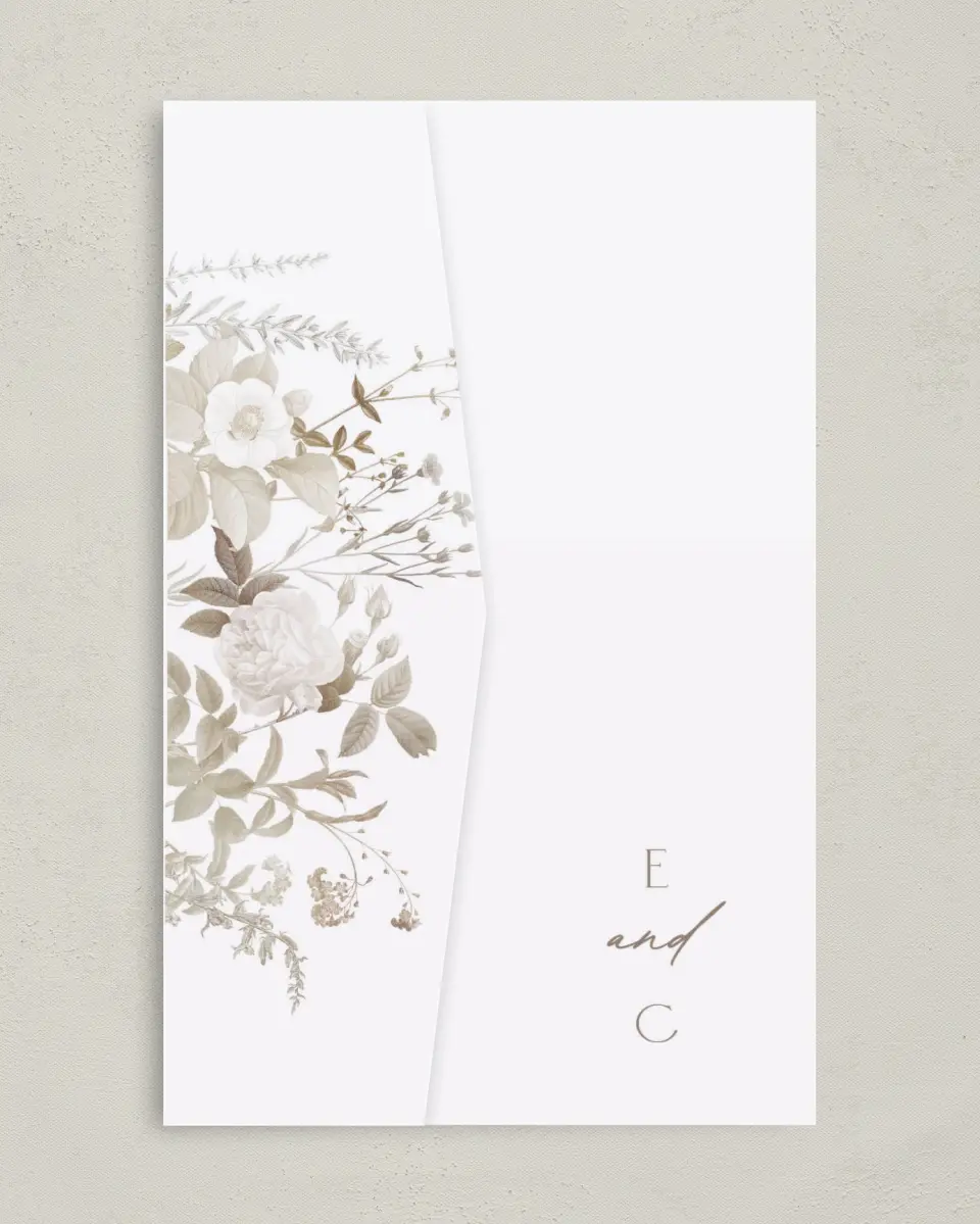 This is a 5" x 7⅞" Pocket Wedding Invitation called The Everly printed in full color on Premium Smooth paper