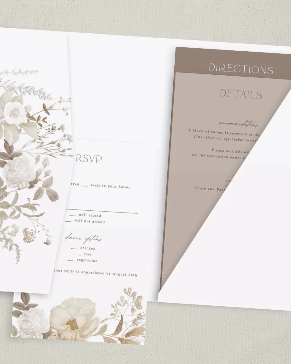 This is a 5" x 7⅞" Pocket Wedding Invitation called The Everly printed in full color with Gold foil on Luxe Satin (coated) paper
