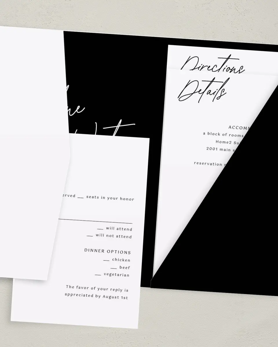 This is a 5" x 7⅞" Pocket Wedding Invitation called Scripted Love printed in full color with Gold foil on Luxe Satin (coated) paper