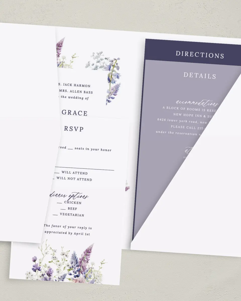 This is a 5" x 7⅞" Pocket Wedding Invitation called Euphoric Frame printed in full color with Gold foil on Luxe Satin (coated) paper