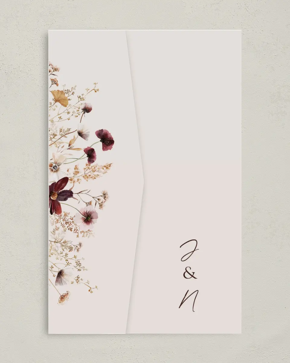This is a 5" x 7⅞" Pocket Wedding Invitation called Autumn Wildflowers printed in full color on Premium Smooth paper
