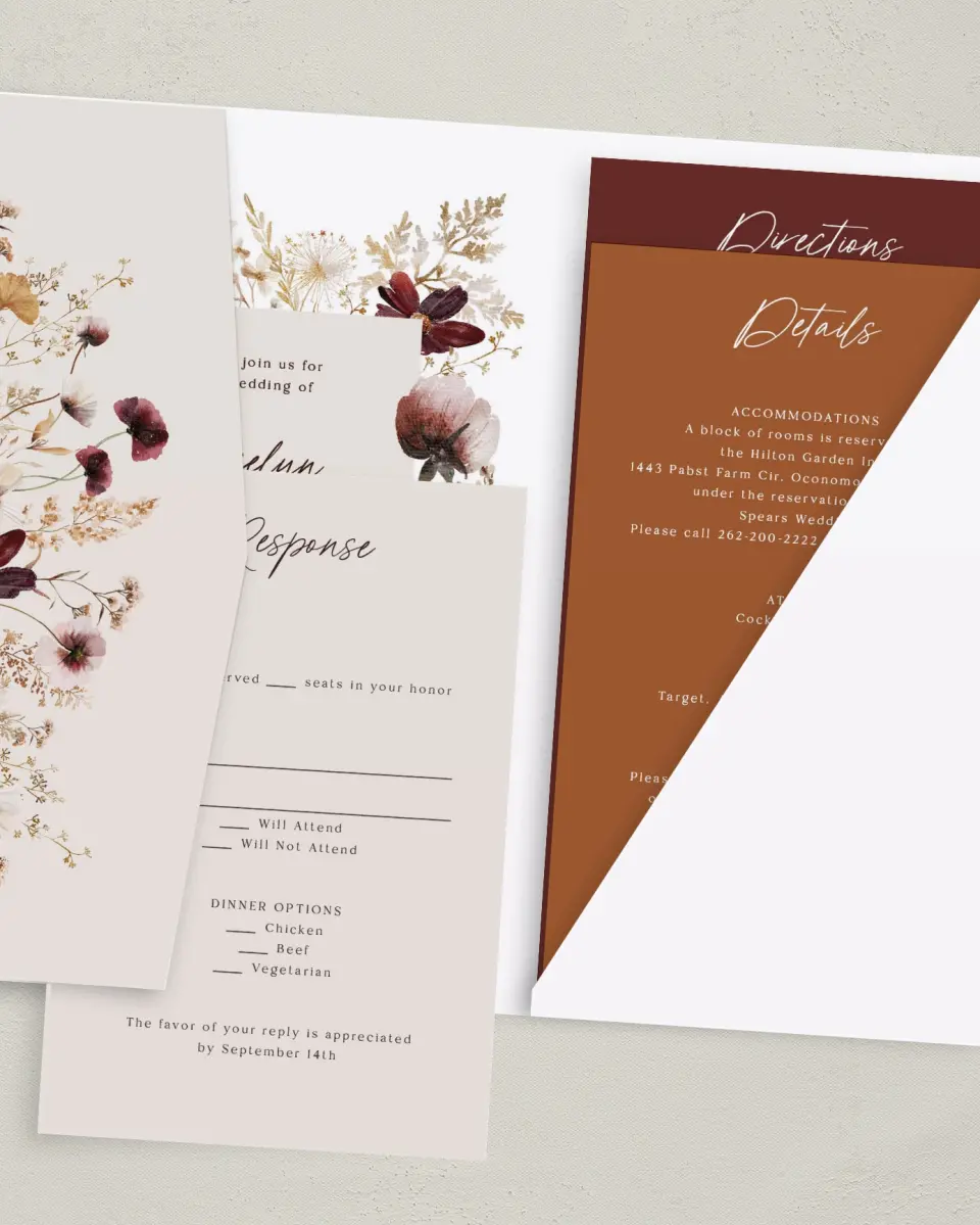 This is a 5" x 7⅞" Pocket Wedding Invitation called Autumn Wildflowers printed in full color on Premium Smooth paper