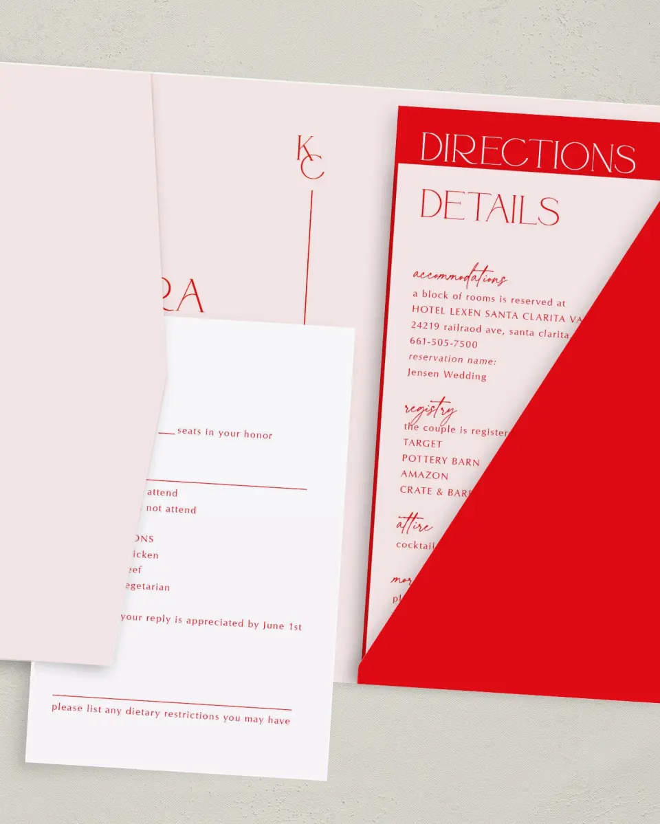 This is a 5" x 7⅞" Pocket Wedding Invitation called Initial Unity printed in full color with Gold foil on Luxe Satin (coated) paper