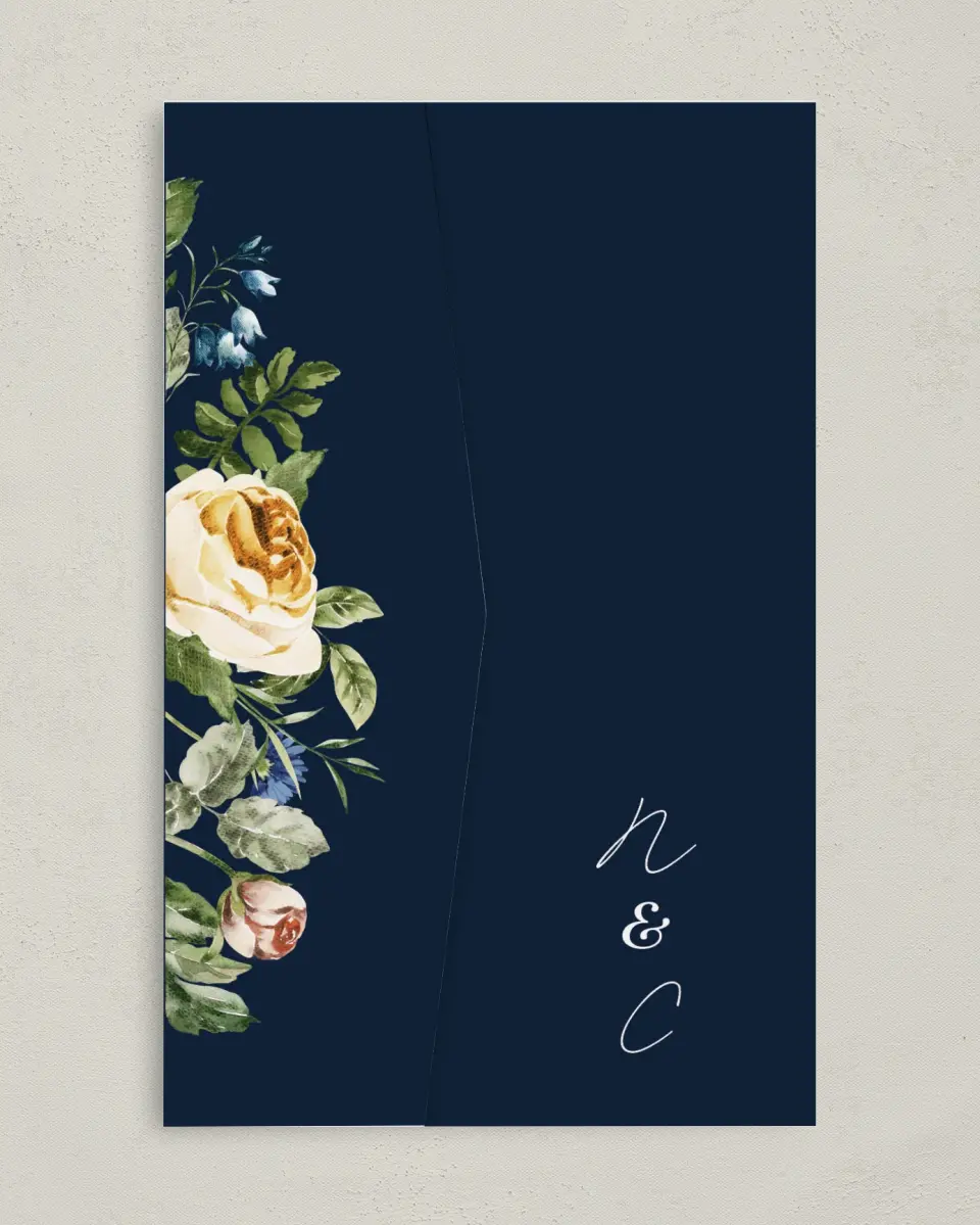 This is a 5" x 7⅞" Pocket Wedding Invitation called The Natalie printed in full color on Premium Smooth paper