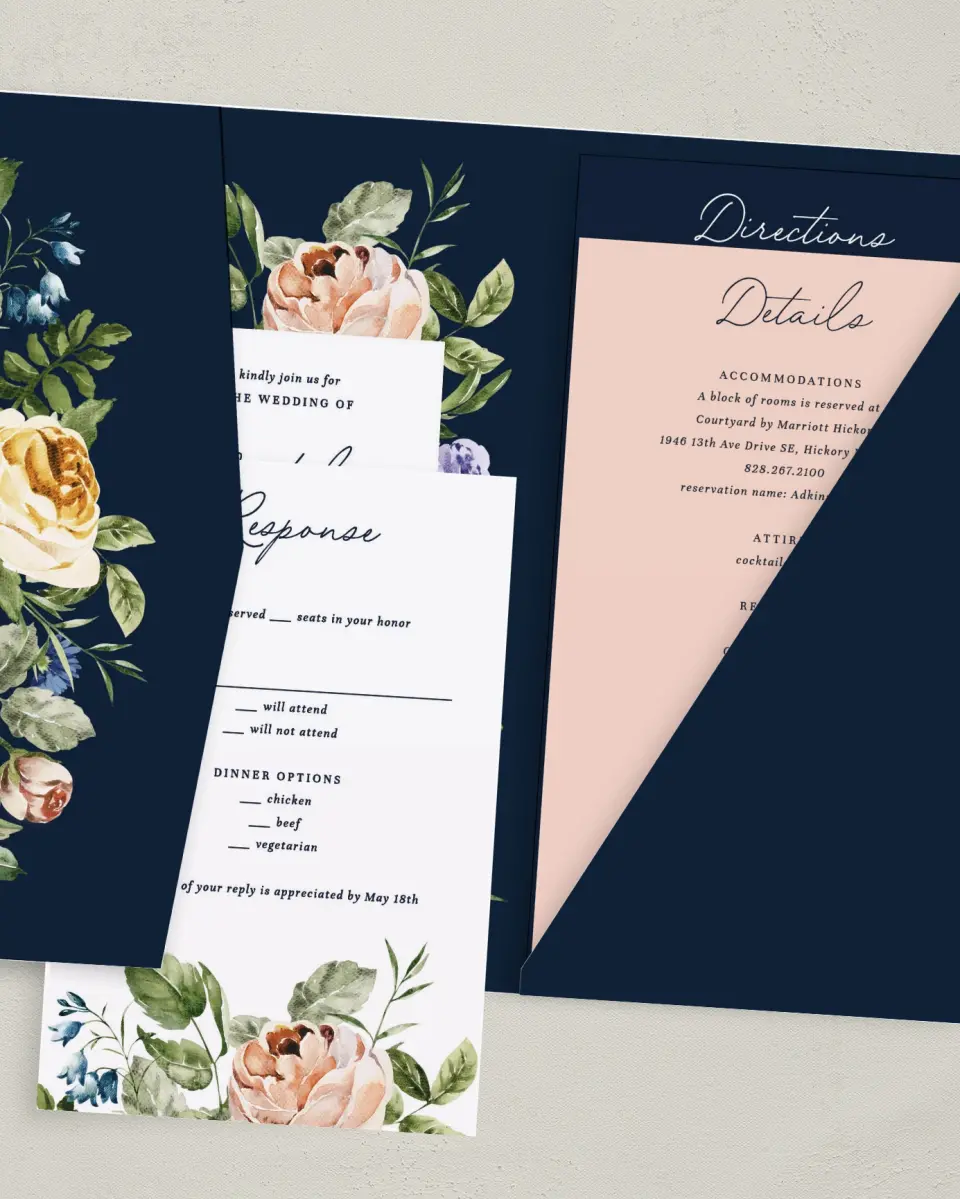 This is a 5" x 7⅞" Pocket Wedding Invitation called The Natalie printed in full color with Gold foil on Luxe Satin (coated) paper