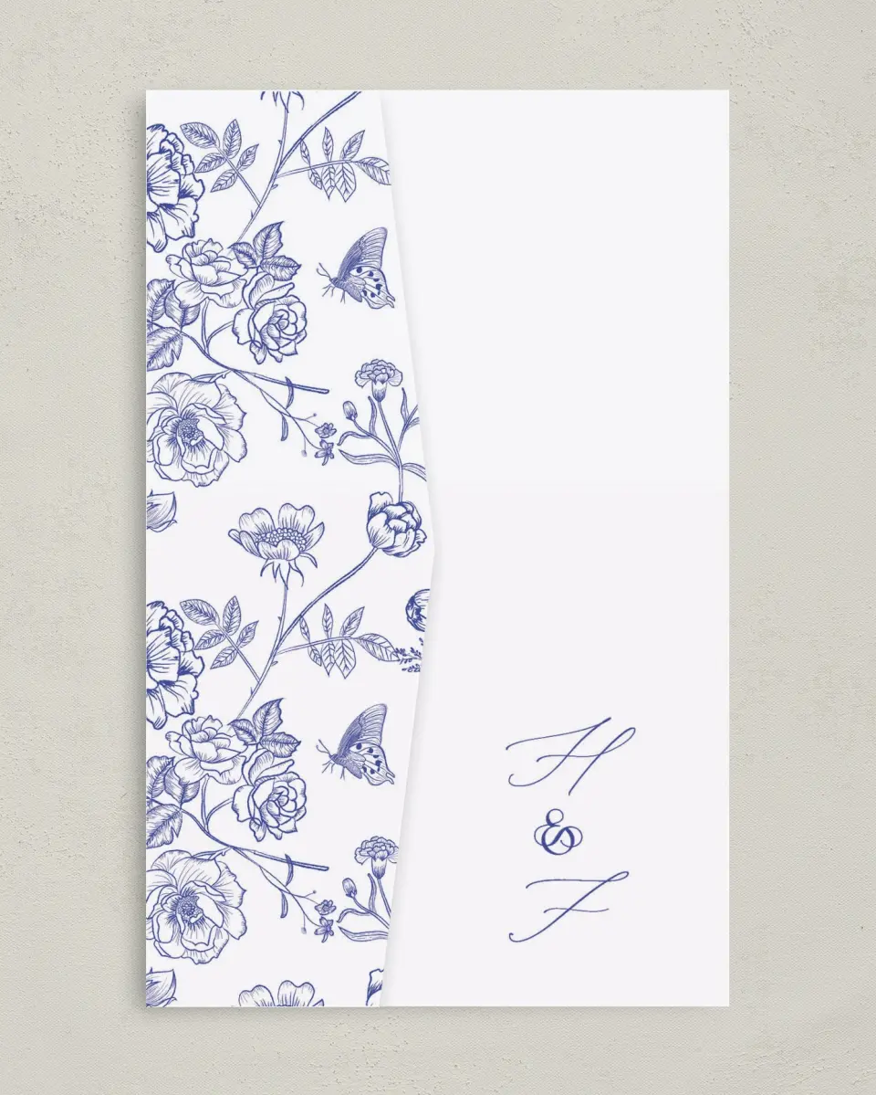 This is a 5" x 7⅞" Pocket Wedding Invitation called Modern Chinoiserie printed in full color on Premium Smooth paper