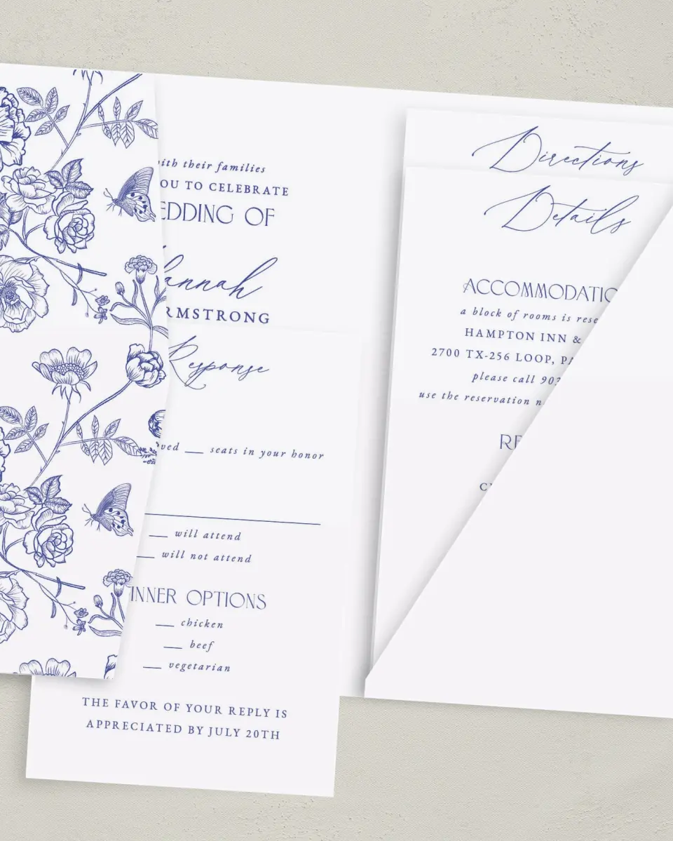 This is a 5" x 7⅞" Pocket Wedding Invitation called Modern Chinoiserie printed in full color with Gold foil on Luxe Satin (coated) paper
