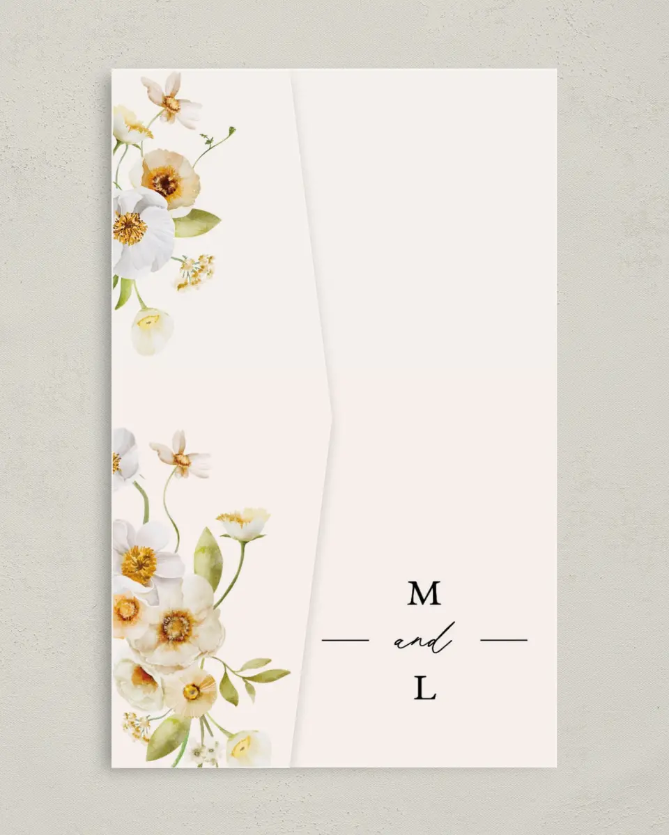 This is a 5" x 7⅞" Pocket Wedding Invitation called Charming Cosmos printed in full color on Premium Smooth paper