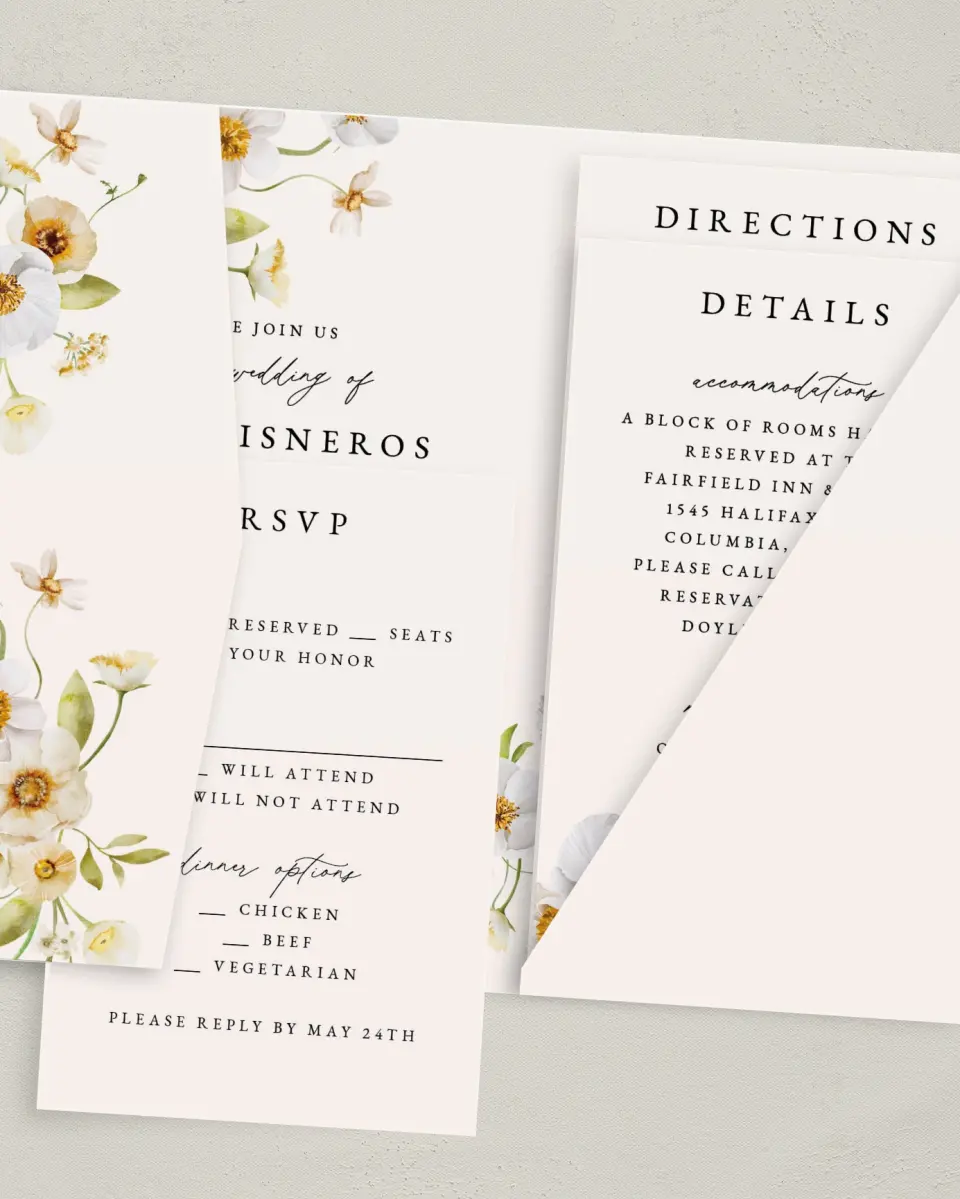 This is a 5" x 7⅞" Pocket Wedding Invitation called Charming Cosmos printed in full color with Gold foil on Luxe Satin (coated) paper
