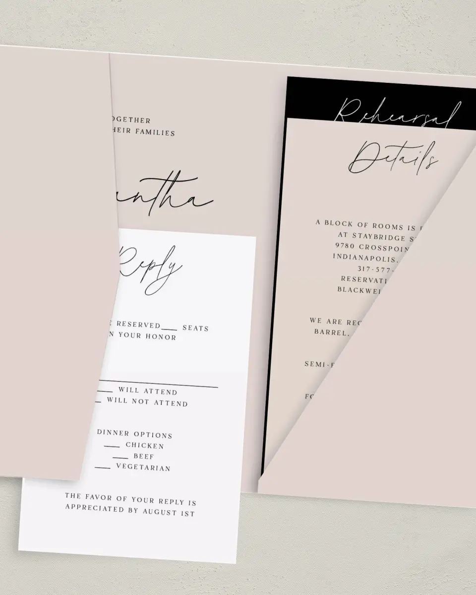 This is a 5" x 7⅞" Pocket Wedding Invitation called The Samantha printed in full color with Gold foil on Luxe Satin (coated) paper