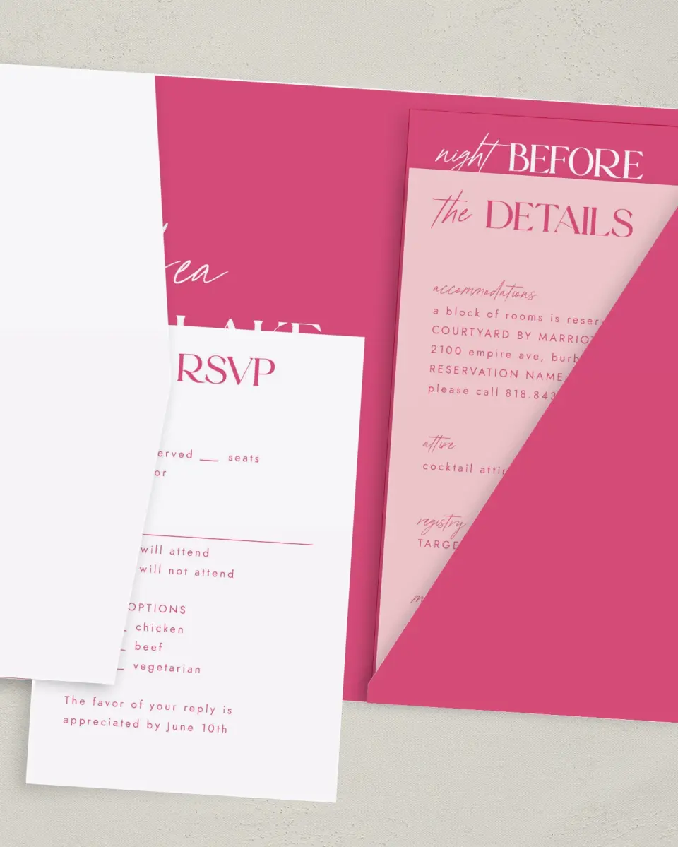 This is a 5" x 7⅞" Pocket Wedding Invitation called The Andrea printed in full color on Premium Smooth paper