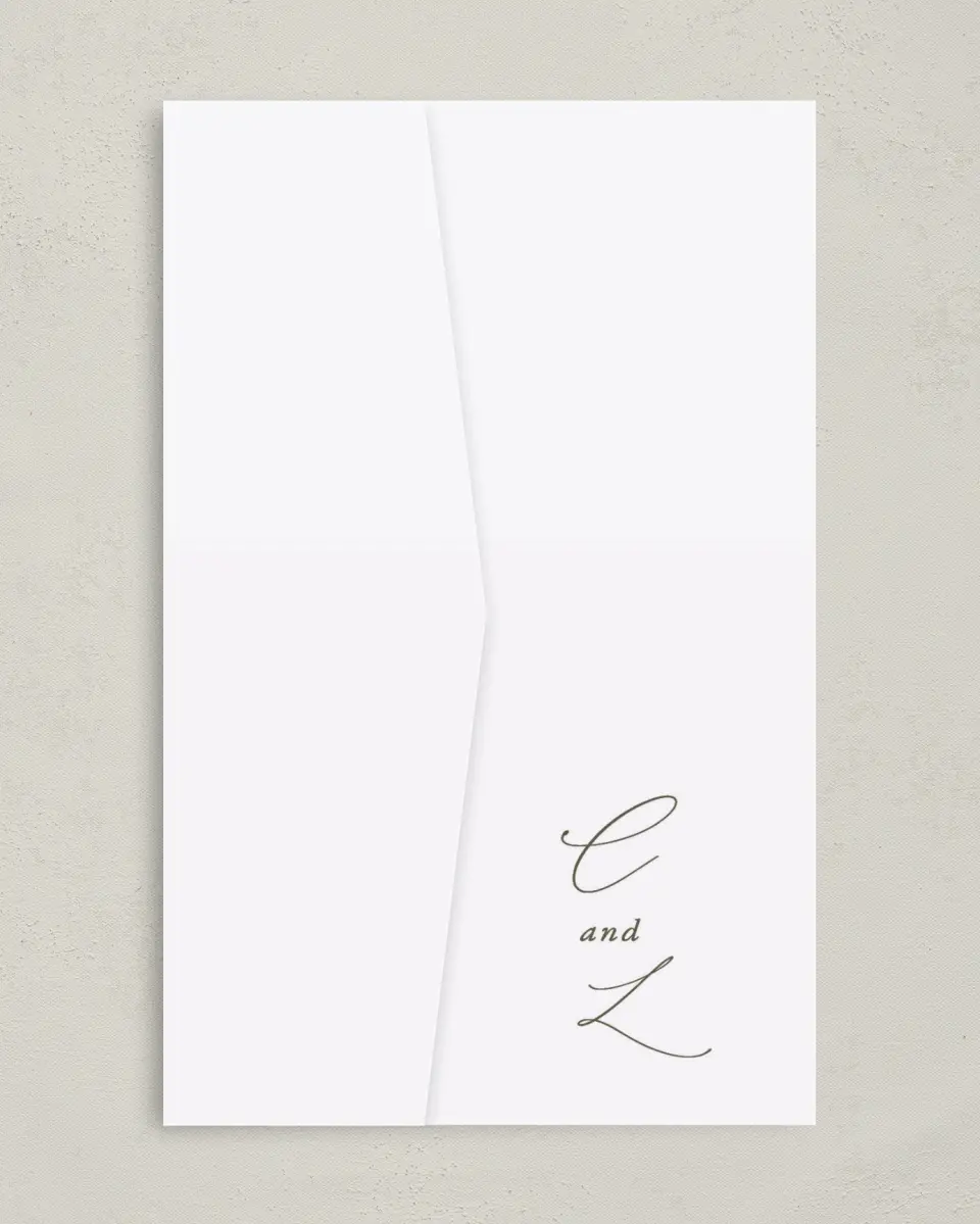 This is a 5" x 7⅞" Pocket Wedding Invitation called Elegant Crest printed in full color on Premium Smooth paper