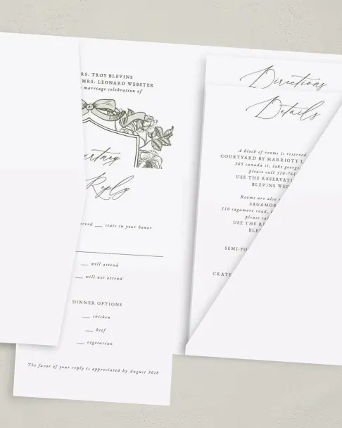 This is a 5" x 7⅞" Pocket Wedding Invitation called Elegant Crest printed in full color on Premium Smooth paper