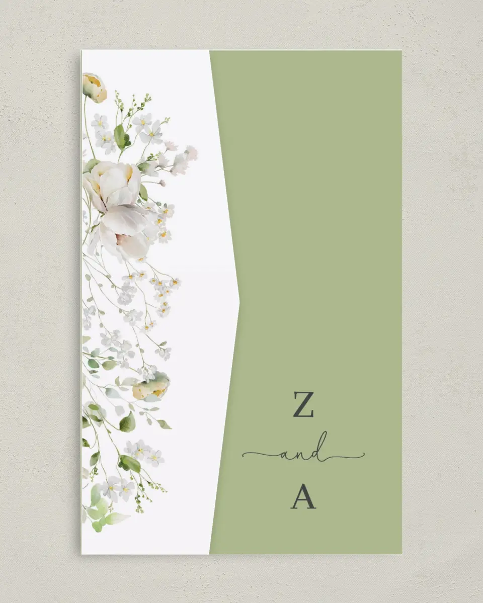 This is a 5" x 7⅞" Pocket Wedding Invitation called The Zoey printed in full color on Premium Smooth paper