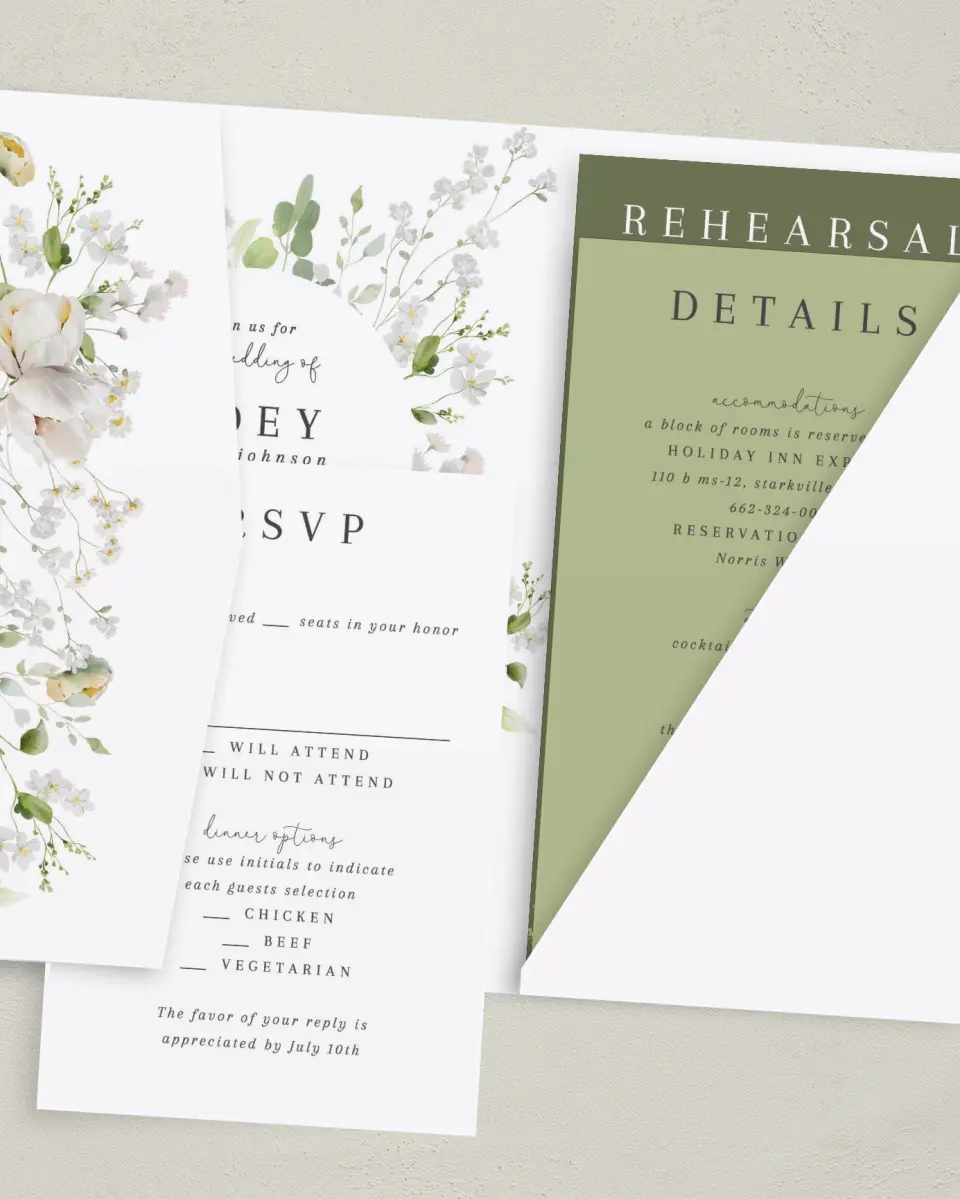 This is a 5" x 7⅞" Pocket Wedding Invitation called The Zoey printed in full color on Premium Smooth paper