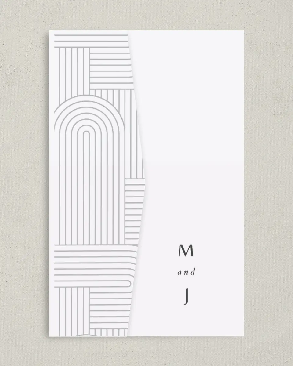 This is a 5" x 7⅞" Pocket Wedding Invitation called Geometric Elegance printed in full color on Premium Smooth paper