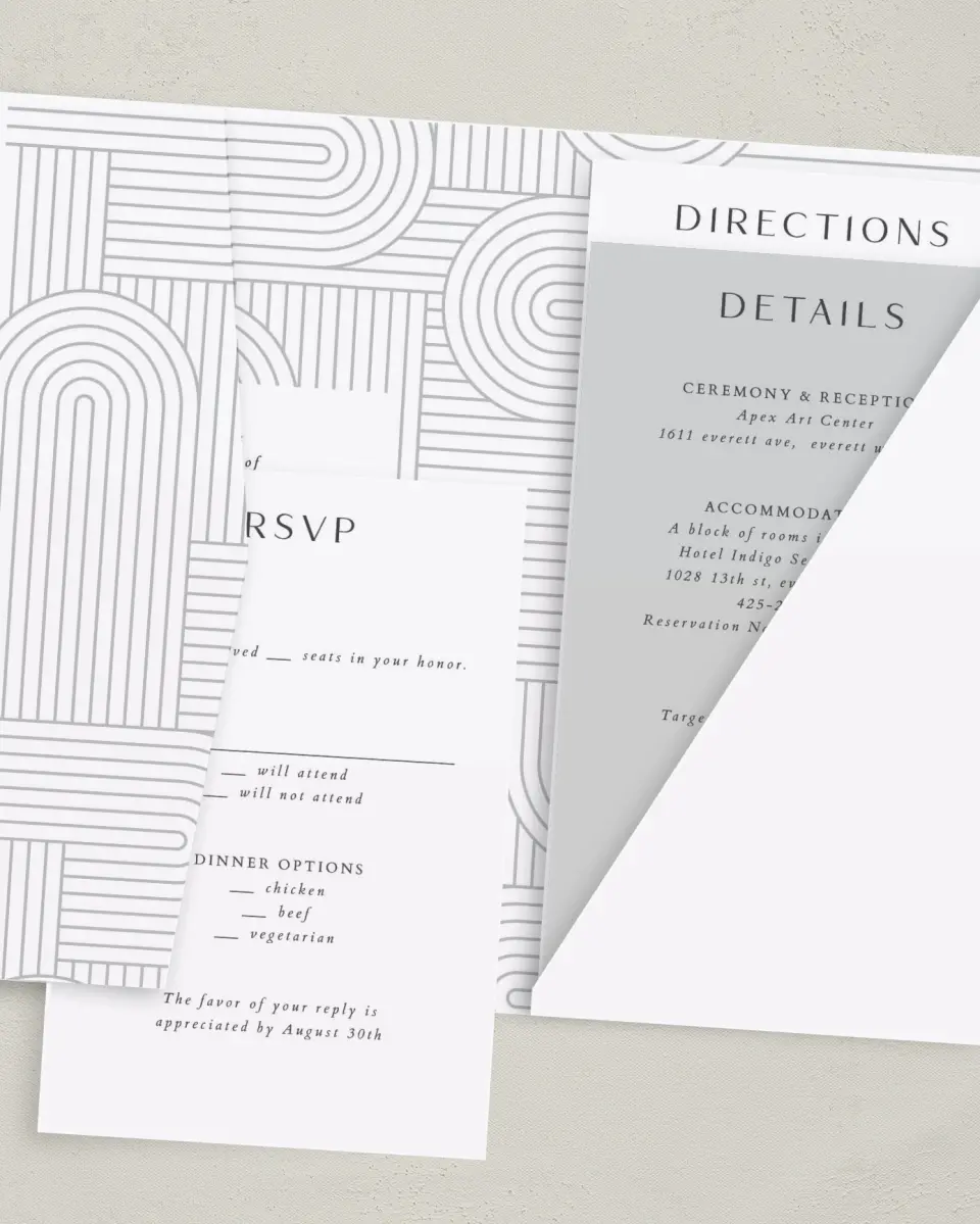 This is a 5" x 7⅞" Pocket Wedding Invitation called Geometric Elegance printed in full color with Gold foil on Luxe Satin (coated) paper