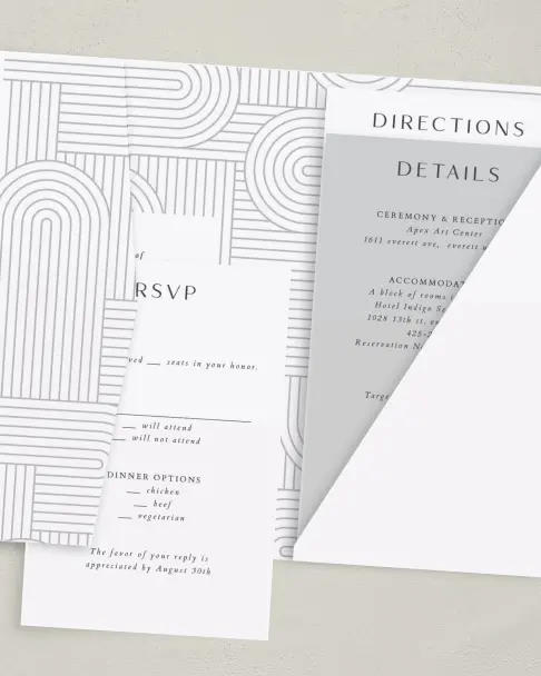 This is a 5" x 7⅞" Pocket Wedding Invitation called Geometric Elegance printed in full color on Premium Smooth paper