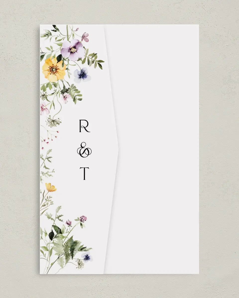 This is a 5" x 7⅞" Pocket Wedding Invitation called The Ruby printed in full color on Premium Smooth paper