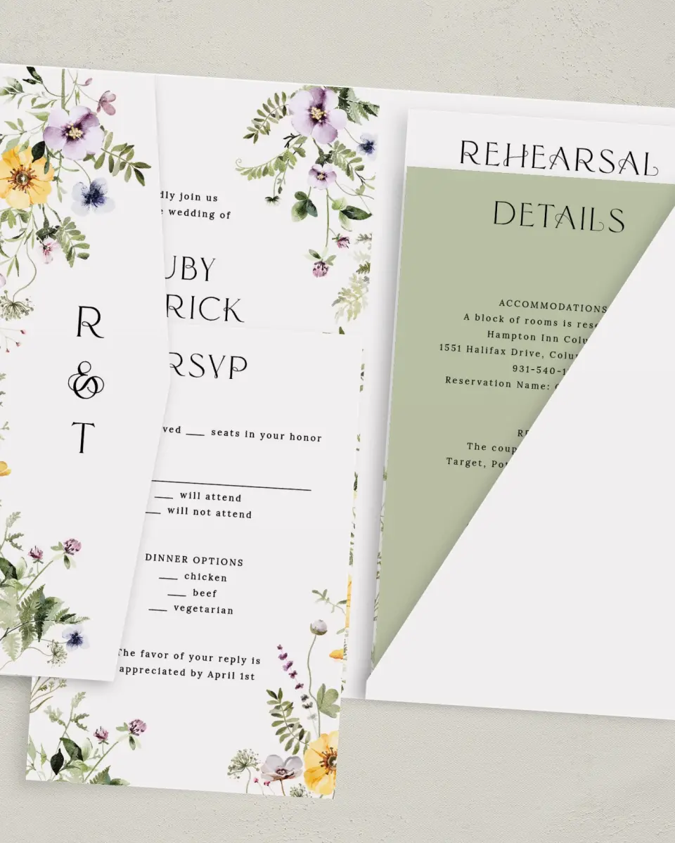 This is a 5" x 7⅞" Pocket Wedding Invitation called The Ruby printed in full color with Gold foil on Luxe Satin (coated) paper